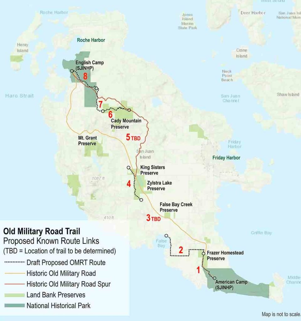 Map showing the Proposed Route of the Old Military Trail Route on San Juan Island